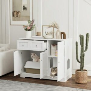 PawHut Cat Litter Box Enclosure, Hidden Litter Box Furniture Cat House with Drawers, Storage, Anti-tip Kit, 39″ x 18″ x 31.5″, White