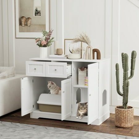 PawHut Cat Litter Box Enclosure, Hidden Litter Box Furniture Cat House with Drawers, Storage, Anti-tip Kit, 39″ x 18″ x 31.5″, White