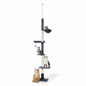 CAPHAUS Floor to Ceiling Cat Tree, Adjustable Height 104”-115” Multi-Tier Cat Climbing Tower w/ Itching Scratcher, Cozy Hammock, Interactive Playball, Platforms for Indoor Cats, Dark Grey