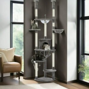 Demi Bonn 92.9″-101.6″ Height Adjustable Cat Tower Kitty Climbing Play House Floor to Ceiling Cat Tree for Indoor with Cozy Cat Condo, Gray
