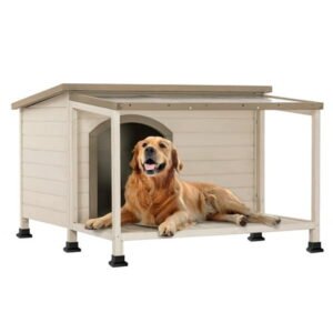 Petsfit Dog House Outdoor, 49” Large Dog House with Extra-Large Porch, Cabin Style Big Dog House with PVC/Asphalt Roof, Dog Houses for Large Dogs Outside, Off-White