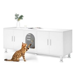 Amunrbrek Double Litter Box Enclosure for 2 Cats with Scratcher Mat & Motion-Activated Light, White