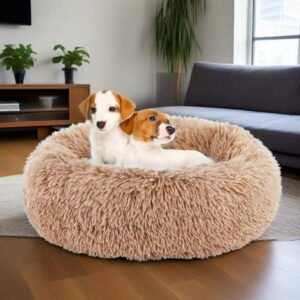 JIOABL Round Dog Bed, Anti-Slip Fuzzy Pet Bed, Washable Cat Sofa Mat, Brown, 24 Inch