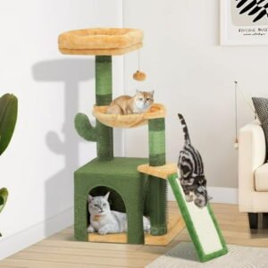 37in Tall Cactus Cat Tree Tower: Cute Kitten Climbing Tower with Self-Grooming Brush, for Indoor Cats