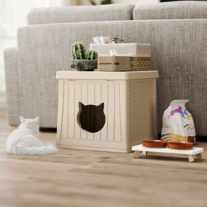 EHHLY Hidden Cat Litter Box Enclosure Furniture, Insulated Cat House Outdoor with Flip Lid for Easy Cleaning, Winter Feral Cat Shelter Weatherproof, Cat Hideaway Cave Side Table & Nightstand