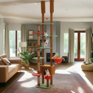 Pefilos Floor to Ceiling Tall Cat Tree Tower Adjustable (90.5″-100.4″) with Cat Condo, Cat Hammock and Scratching Post, Cat Climbing Tree for Indoor Large Cats, Brown