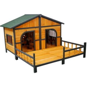 Wooden Double Dog House Outdoor Extra Large with Elevated Floor and Porch Weather Resistant Shelter for Small to Medium Dogs Natural Finish