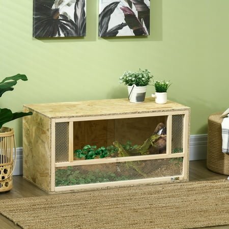 PawHut Reptile Terrarium, Wooden Reptile Tank 31.5″ x 15.7″ x 15.7″ with Sliding Door for Chameleon, Lizard, Snake, Frog, Turtle, 33.8 Gallon