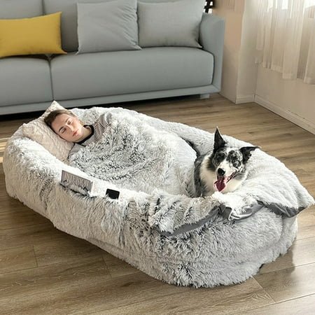 Human Dog Bed for Adult, Human Size Dog Bed with Washable Faux Fur & Removable Memory Foam, Giant Dog Bed for Humans Nap Bed with Handle, Removable Cover
