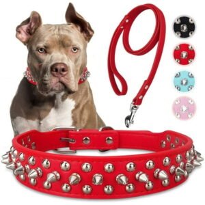 Fovien Dog Collar with Leash,Durable Rivet PU Leather Dog Collars for Pit Bull, Spiked Studded for Small Medium Large Dog