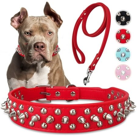 Fovien Dog Collar with Leash,Durable Rivet PU Leather Dog Collars for Pit Bull, Spiked Studded for Small Medium Large Dog