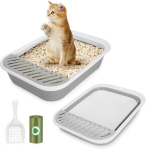 Collapsible Kitten Litter Box, 17.7 x 13.4 x 5 inch Open Cat Potty Pan with Scoop Foldable Shallow Cat Toilet Anti-Splashing Low Entrance Travel Litter Box with Falling Sand Pedal Grey
