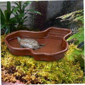 2024 New Upgrade Reptile Water Dish Tortoise Habitat With Non-Slip Ramp Shallow Reptile Pool Geometric Turtle Tub 12.2×9.8x2In Reptile Water Dish