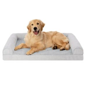 FurHaven Pet Products Plush & Performance Linen Orthopedic Sofa Pet Bed for Dogs & Cats – Mist Gray, Large