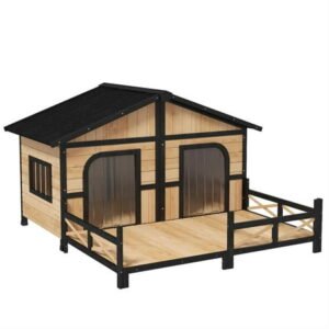 Pefilos 59″ Outdoor Dog House with Porch, Double Room, Openable Roof, Removable Bottom, Wooden Dog House with Elevated Floor for Small to Medium Dogs, Beige