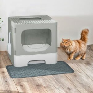 ModFusion Enclosed Cat Litter Box – Anti Litter Spillage, One-Way Design with Slide-Out Tray, Translucent Door, and Accessories Included, Gray