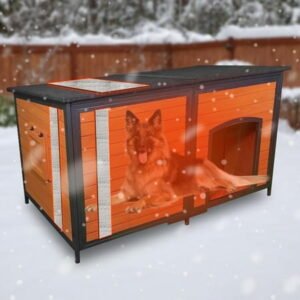 Insulated Extra Large Wooden Dog House Outdoor Iron Frame 59.1″ L Winter Pet Kennel Weatherproof