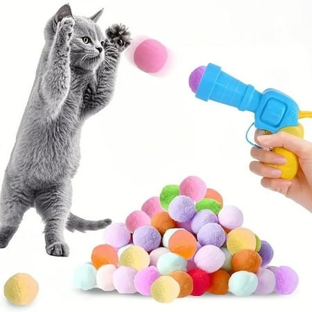 FORICOM Cat Toy Ball Set, 50pcs Plush Cat Pom Pom Balls & 1 Plastic Cats Fetch Toy Launcher Set for Kitten Catch Fetch Interactive Cat Toy with Colorful Cat Ball for Indoor Cats (50Balls+1 Launcher)