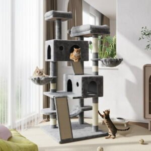 Amolife 65.7″ Large Cat Tree and Tower Condo for Indoor Cats with 2 Scratching Boards, Hammock & Post, Gray