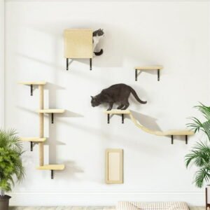 Pefilos Cat Wall Shelves and Perches Set of 5, Sleeping Playing Lounging Climbing Cat Tree House for Multiple Cats, Beige