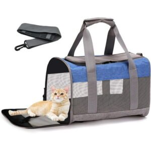 Soft Sided Pet Carrier for Cat,Airline Approved Cat Carriers Collapsible Portable Kitten Travel Crate Breathable Ventilated Grey Blue Puppy Carrying Bag Under to 15 Lb
