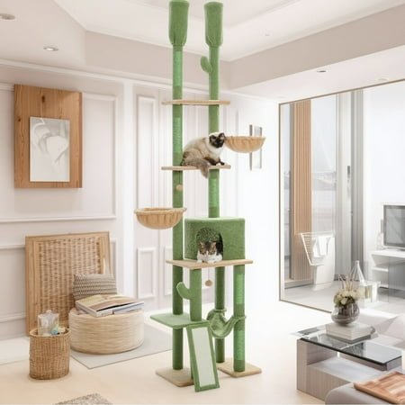 Pefilos 85″-112″ Height Adjustable Cat Tree Tower Tall Kitty Climbing Play House Floor to Ceiling Cat Tree for Indoor with Cozy Cat Condo, Green