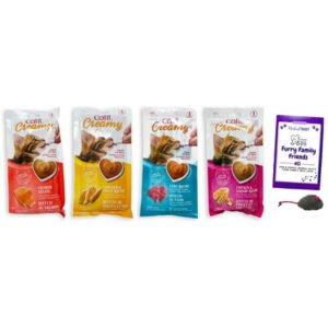 Catit Premium Puree Variety – 4 flavors – 1 each: Chicken & Liver, Tuna, Chicken & Shrimp, Salmon (2.6 oz.) + MerlinsMart Zine | Catnip Toy