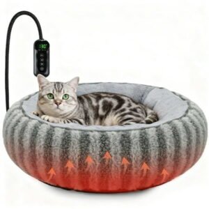 Heated Cat Bed Indoor for Cats and Small Dogs, 20in Donut Heating Pet Bed with Timer and Temperature Control, Waterproof Ultra Soft Cozy Washable Warming Bed, Gray