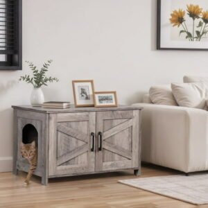 HomGarden Cat Litter Box Enclosure Furniture Wood Cat Hidden Washroom Farmhouse Storage Side Table Barn Door, Greige