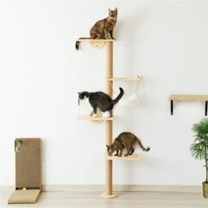 Pefilos 69″ Wall Mounted Cat Tree for Indoor Cats 4-Tier Floor Tall Kitty Climbing Activity Center with Scratching Post, Cat Tree Tower with Hammock, Dangling Ball Upgraded, Beige