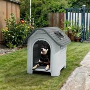 ModFusion 28” Medium Outdoor Plastic Dog House with Adjustable Skylight and Water Resistance, Grey – Perfect for Medium Breeds