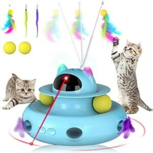 Cornmi 4 in 1 Indoor Interactive Cat Toy with Laser & Retractable Feather Wand, USB Rechargeable, Blue