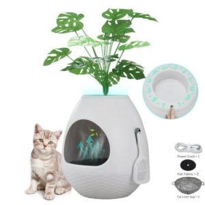 Jaxpety Smart Plant Litter Box,Cat Hidden Litter Box with Deodorization System, Exhaust Fan,Light, Scoop, Artificial Plants for Apartments and Offices Living Room Bedroom,White