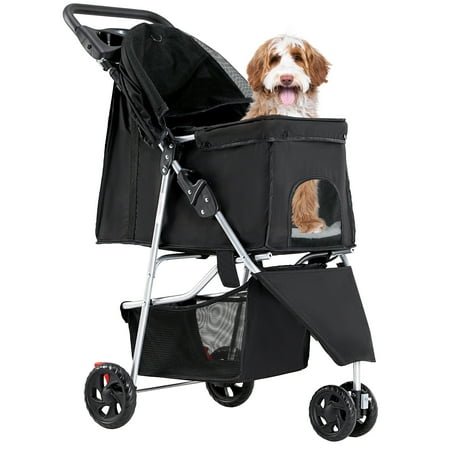 JIOABL 3 Wheels Pet Stroller Folding Jogger with Storage Basket for Cats and Dogs, Black