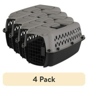 (4 pack) Vibrant Life Pet Portable Kennel for Dogs, Hard-Sided Travel Carrier, Durable, Metal Door, Black & Grey, For Pets up to 10 lbs, 19″ L x 12.3″ W x 10.8″ H