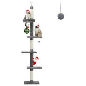 Floor to Ceiling , Cat Tower 5-Tier Height(95-107 Inches) Adjustable, Tall Cat Climbing Tree Featuring with Scratching Post, Cozy Bed,Interactive Ball Toy for Indoor Cats/Kitten Grey