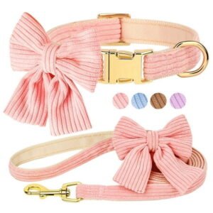 Pet Artist Comfy Corduroy Dog Collar with Cute Bowtie and Matching Leash set Adjustable Girl & Boy Dog Pet Puppy Necklace