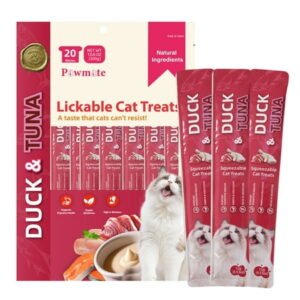 Pawmate Duck & Tuna Lickable Cat Treats, 20 Sticks, Grain-Free Creamy Treats for Cats