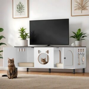 ModFusion 2-in-1 Cat Litter Cabinet with Scratching Post, Double Doors, Pom-Pom Balls, Black & White