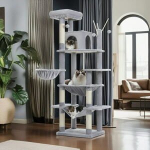 Pefilos 69″ Cat Tree Tower for Indoor Large Cats, Fat Cats with Big Hammock, Cat Climbing Tree with Scratching Posts, Condo House and Top Perch, Gray