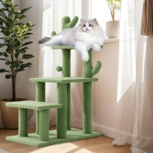 Cautus Cat Stairs for Old Cats & Dogs, Pet Steps for High Beds, Couch & Window,Vertical Cautus Green Cat Tree with Dangling Balls for Indoor Pets Climbing Playing, Holds Up to 150 Lbs,