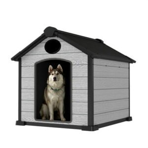 ZYJOYY 46″ Insulated Dog House for Large Dogs, Jumbo All-Weather Resin Kennel with Built-In Floor and Snow & Wind Protection, Cemented Grey