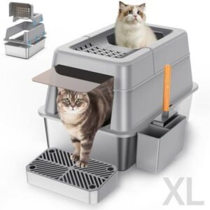 Aphyxen Stainless Steel Enclosed Cat Litter Box, Extra Large Top Entry with 110° Flip Cover & Pedal, Anti-Leakage, Grey