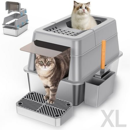Aphyxen Stainless Steel Enclosed Cat Litter Box, Extra Large Top Entry with 110° Flip Cover & Pedal, Anti-Leakage, Grey