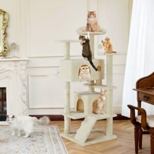 Cat Tree, 54-Inch Cat Tower with Sisal Scratching Post, Multi-Level Plush Cat Tree with Climbing Ladder, Beige