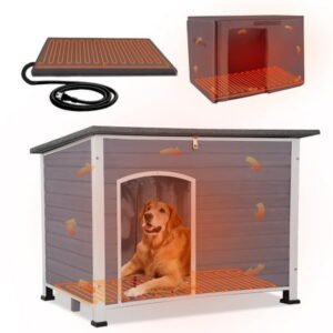 Aivituvin Extra Large Heated Dog House Outdoor Weatherproof Insulated Dog House XL Dog Kennel with Thermostat-Controlled Heating Pad, Thermal Liner, Chew-Proof Metal Frame for Large Dogs (Grey)