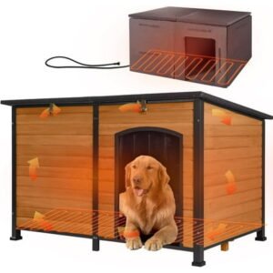 Aivituvin 59″ Extra Large Heated Dog House with Heater & Insulated Liner for Winter, Wooden Insulated Outdoor Dog House for Large Dogs, All-Around Iron Frame Weatherproof (Brown)