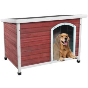 PETSFIT 45.6” Large Dog House, Classic Elevated Weatherproof Wooden Dog House for Large Dogs, Red