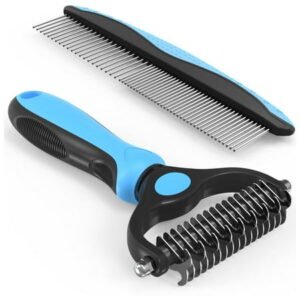 Cat Dog Comb for Shedding Pet Grooming Brush&Comb Combo, 2 Pcs Kit Pet Grooming Brush Undercoat Comb for Dog Grooming (Blue)