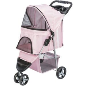 TRIXIE 3-Wheeled Foldable Pet Standard Stroller with Storage, Pink